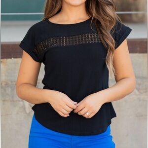 Woman black top Large with crochet style detail